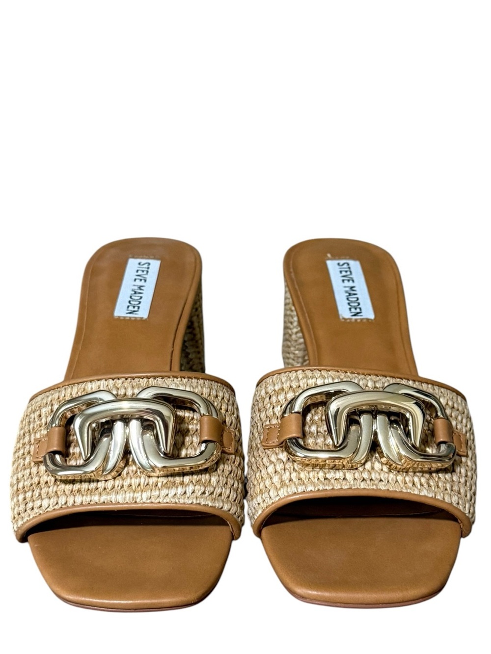 Steve Madden Santana Tan Raffia Slide Sandals with Gold Chain Detail